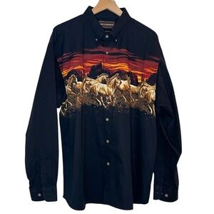 Brit & Bridle Men's XL Western Shirt Black Running Horses Sunset Rodeo Cowboy